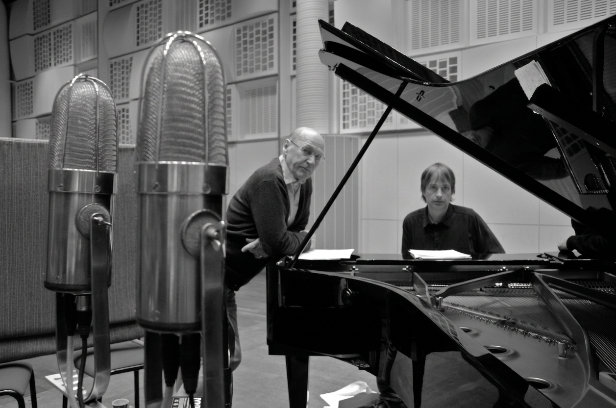 Gert Palmcrantz leaning on the piano with Jan Lundgren, Didrik de Geer microphones in the foreground, Studio 3, Sveriges Radio, May 2012.