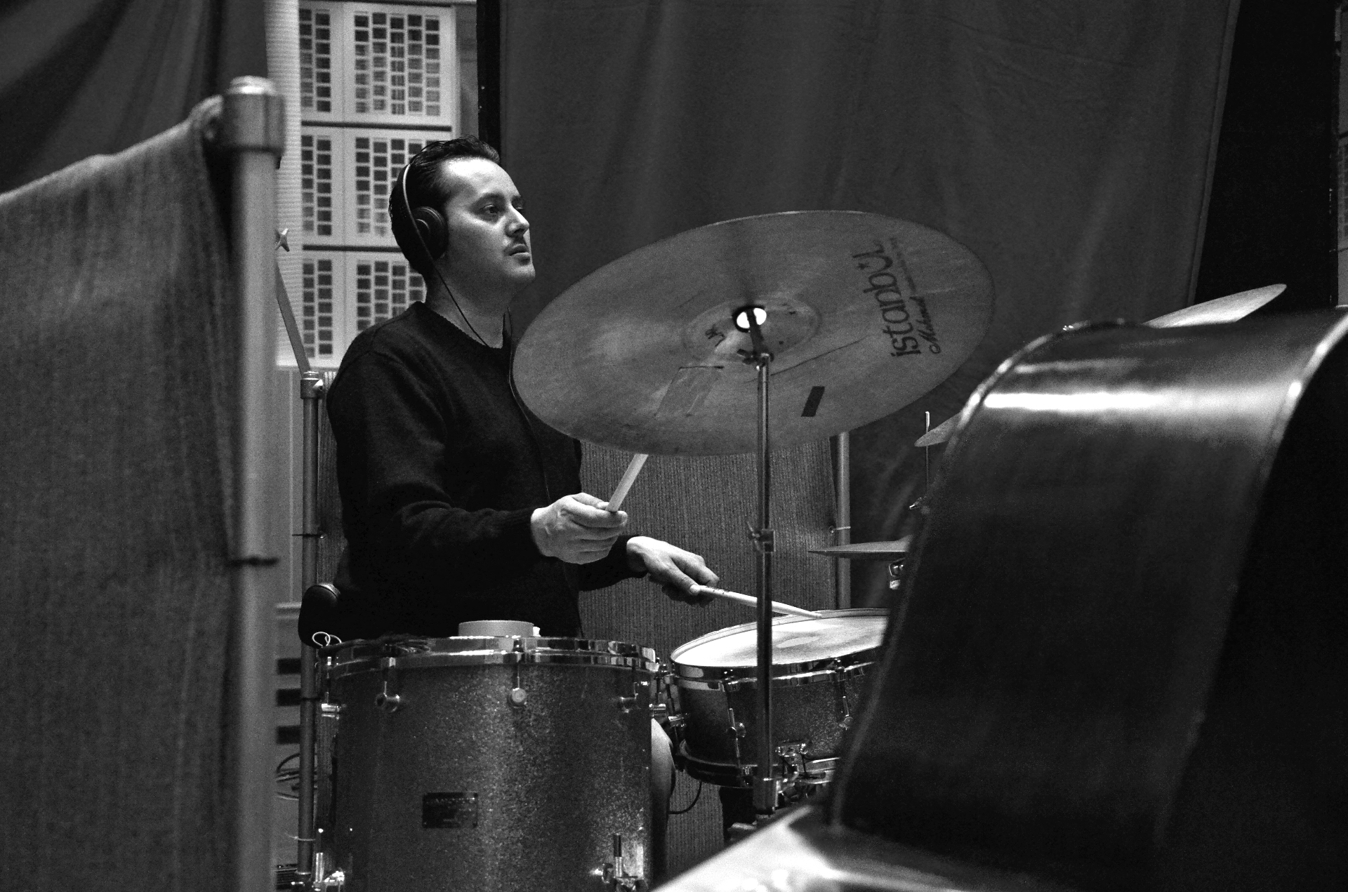 Zoltán Csörsz at the drum kit, Studio 3, Sveriges Radio, May 2012.